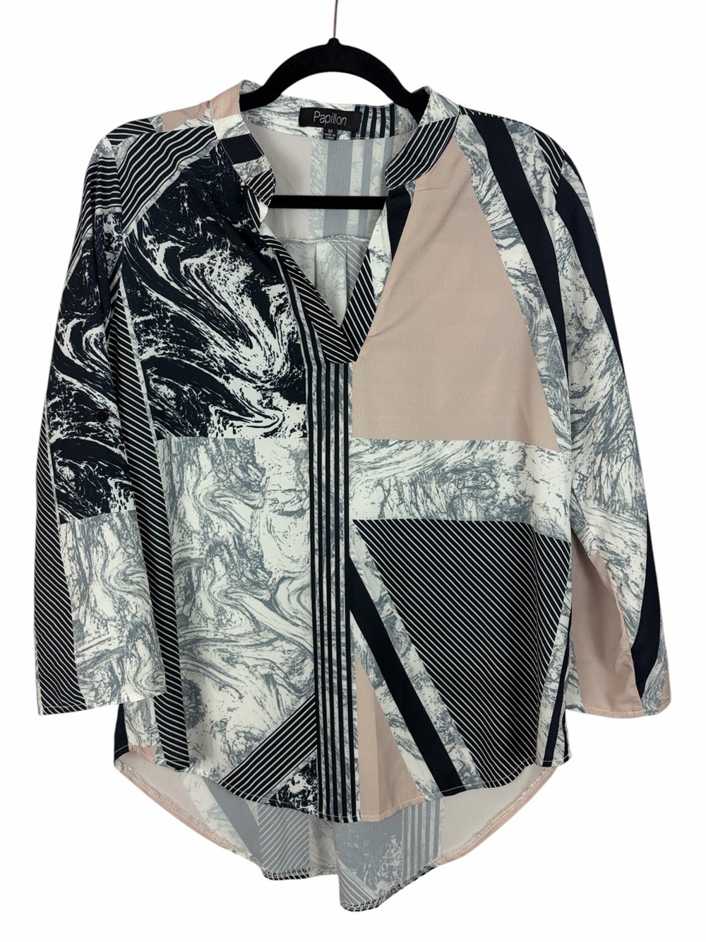 Papillon Women’s Abstract Geometric Blouse Medium Black Beige Marble Print